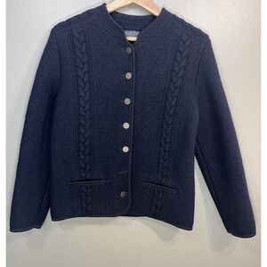 Vintage Navy Lands End 100% Austrian Wool Lady Jacket Cardigan Size 8